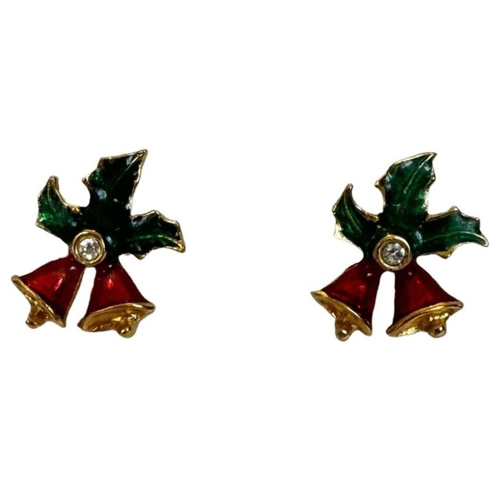 Avon Earrings Red Bells with Green Holly White Rhinestone Holidays Stud Festive